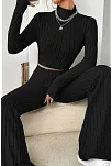 Kadın Siyah Boğazlı Crop Top Ve Yüksek Bel Eşofman Takımı Spor Şık Kombin