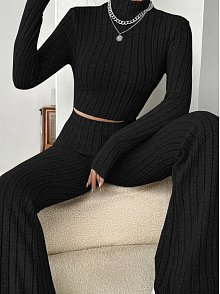Kadın Siyah Boğazlı Crop Top Ve Yüksek Bel Eşofman Takımı Spor Şık Kombin