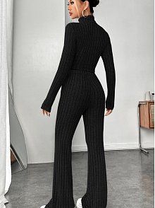 Kadın Siyah Boğazlı Crop Top Ve Yüksek Bel Eşofman Takımı Spor Şık Kombin