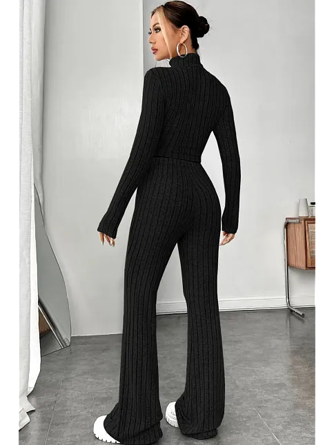 Kadın Siyah Boğazlı Crop Top Ve Yüksek Bel Eşofman Takımı Spor Şık Kombin