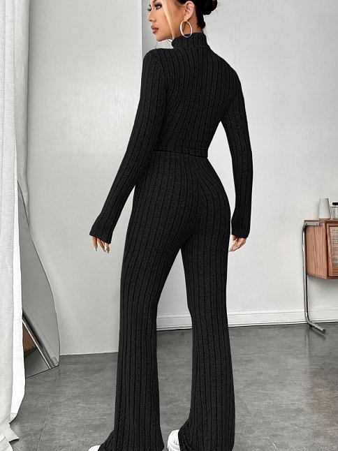 Kadın Siyah Boğazlı Crop Top Ve Yüksek Bel Eşofman Takımı Spor Şık Kombin