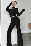 Kadın Siyah Boğazlı Crop Top Ve Yüksek Bel Eşofman Takımı Spor Şık Kombin