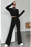 Kadın Siyah Boğazlı Crop Top Ve Yüksek Bel Eşofman Takımı Spor Şık Kombin