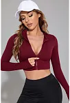 Kadın Bordo Uzun Kol Fermuarlı Parmak Geçme Detaylı Dik Yaka Crop Top Bluz