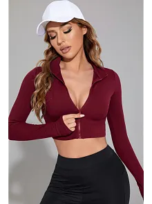 Kadın Bordo Uzun Kol Fermuarlı Parmak Geçme Detaylı Dik Yaka Crop Top Bluz