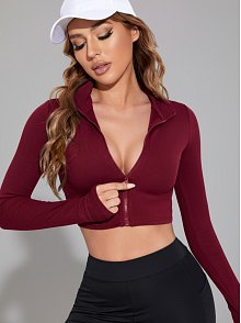 Kadın Bordo Uzun Kol Fermuarlı Parmak Geçme Detaylı Dik Yaka Crop Top Bluz