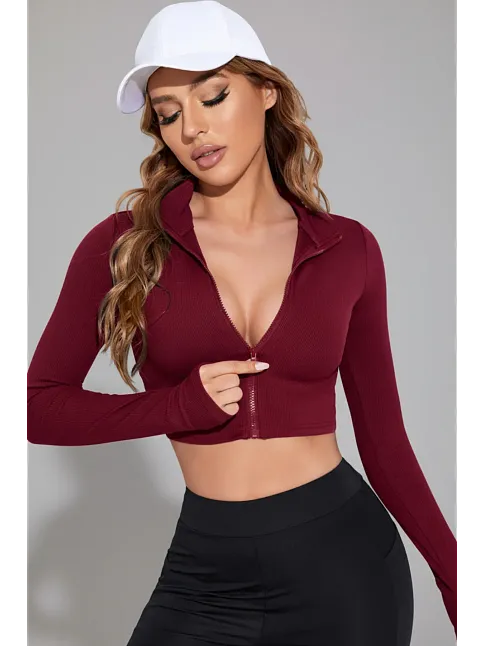 Kadın Bordo Uzun Kol Fermuarlı Parmak Geçme Detaylı Dik Yaka Crop Top Bluz