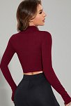 Kadın Bordo Uzun Kol Fermuarlı Parmak Geçme Detaylı Dik Yaka Crop Top Bluz