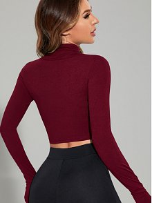 Kadın Bordo Uzun Kol Fermuarlı Parmak Geçme Detaylı Dik Yaka Crop Top Bluz