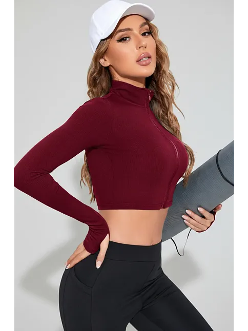 Kadın Bordo Uzun Kol Fermuarlı Parmak Geçme Detaylı Dik Yaka Crop Top Bluz
