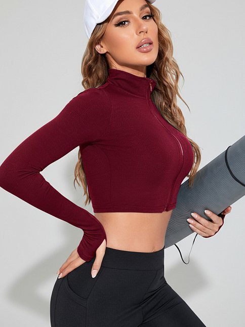 Kadın Bordo Uzun Kol Fermuarlı Parmak Geçme Detaylı Dik Yaka Crop Top Bluz
