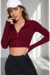 Kadın Bordo Uzun Kol Fermuarlı Parmak Geçme Detaylı Dik Yaka Crop Top Bluz