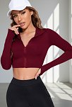 Kadın Bordo Uzun Kol Fermuarlı Parmak Geçme Detaylı Dik Yaka Crop Top Bluz
