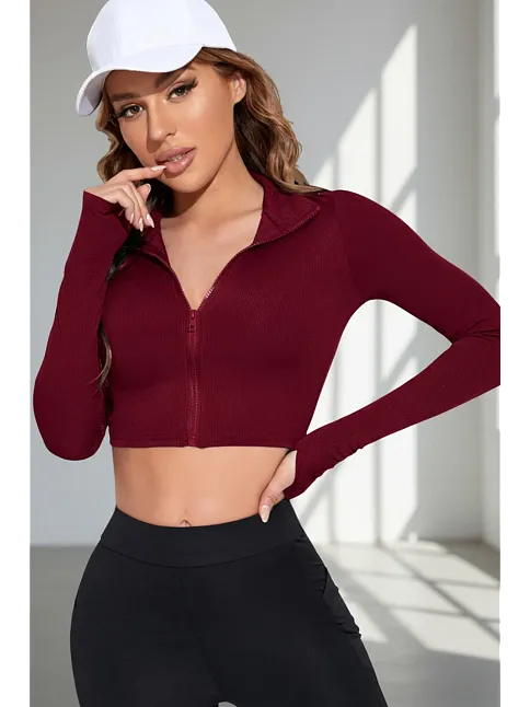Kadın Bordo Uzun Kol Fermuarlı Parmak Geçme Detaylı Dik Yaka Crop Top Bluz