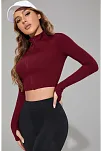 Kadın Bordo Uzun Kol Fermuarlı Parmak Geçme Detaylı Dik Yaka Crop Top Bluz