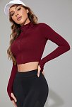 Kadın Bordo Uzun Kol Fermuarlı Parmak Geçme Detaylı Dik Yaka Crop Top Bluz