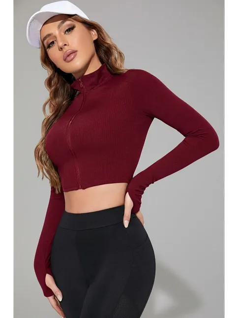 Kadın Bordo Uzun Kol Fermuarlı Parmak Geçme Detaylı Dik Yaka Crop Top Bluz