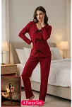 Kadın Bordo Fiyonklu İç Çamaşırı Ve Uzun Kollu V Yaka Pijama Takımı 4'lü Set