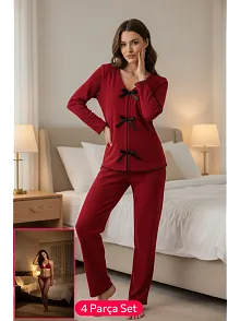 Kadın Bordo Fiyonklu İç Çamaşırı Ve Uzun Kollu V Yaka Pijama Takımı 4'lü Set