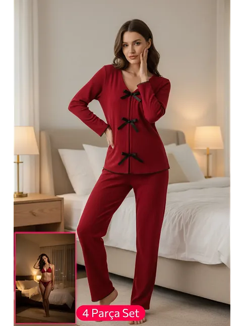 Kadın Bordo Fiyonklu İç Çamaşırı Ve Uzun Kollu V Yaka Pijama Takımı 4'lü Set