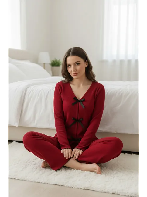 Kadın Bordo Fiyonklu İç Çamaşırı Ve Uzun Kollu V Yaka Pijama Takımı 4'lü Set