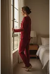 Kadın Bordo Fiyonklu İç Çamaşırı Ve Uzun Kollu V Yaka Pijama Takımı 4'lü Set
