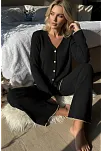 Kadın Fitilli Pijama Takımı Siyah Gold Biye Detaylı