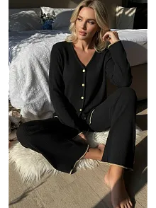 Kadın Fitilli Pijama Takımı Siyah Gold Biye Detaylı