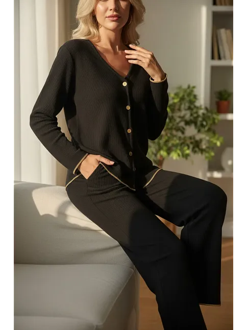 Kadın Fitilli Pijama Takımı Siyah Gold Biye Detaylı