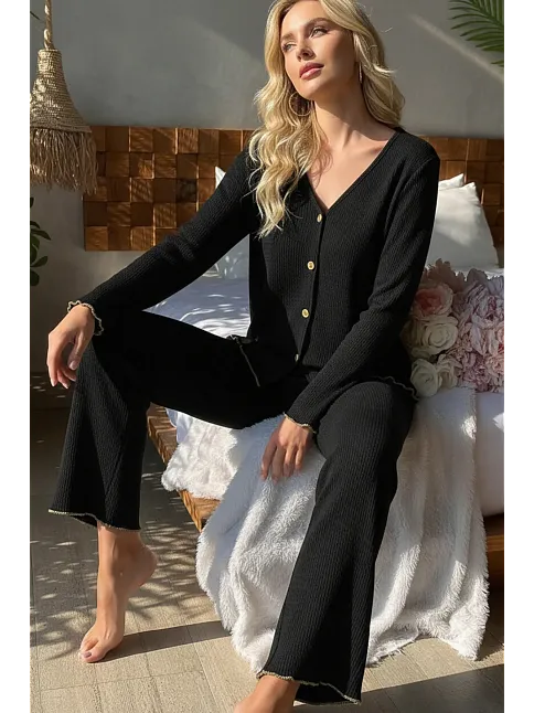Kadın Fitilli Pijama Takımı Siyah Gold Biye Detaylı