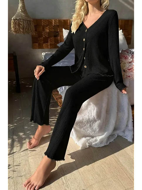 Kadın Fitilli Pijama Takımı Siyah Gold Biye Detaylı