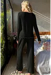 Kadın Fitilli Pijama Takımı Siyah Gold Biye Detaylı