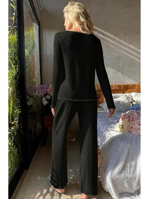 Kadın Fitilli Pijama Takımı Siyah Gold Biye Detaylı