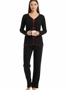 Premium Kadın 4’lü Fitilli Set – Siyah Kırmızı Biyeli (pijama Üst, Pantolon, Bikini Takımı)