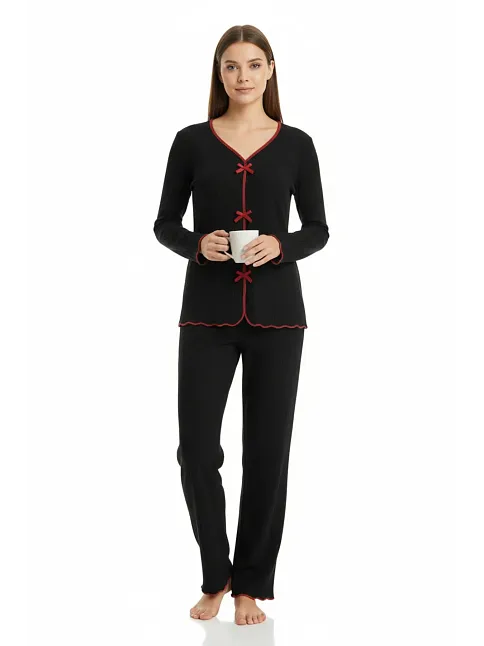 Premium Kadın 4’lü Fitilli Set – Siyah Kırmızı Biyeli (pijama Üst, Pantolon, Bikini Takımı)
