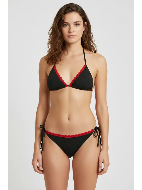 Premium Kadın 4’lü Fitilli Set – Siyah Kırmızı Biyeli (pijama Üst, Pantolon, Bikini Takımı)