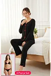 Premium Kadın 4’lü Fitilli Set – Siyah Kırmızı Biyeli (pijama Üst, Pantolon, Bikini Takımı)