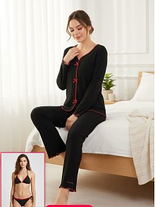 Premium Kadın 4’lü Fitilli Set – Siyah Kırmızı Biyeli (pijama Üst, Pantolon, Bikini Takımı)