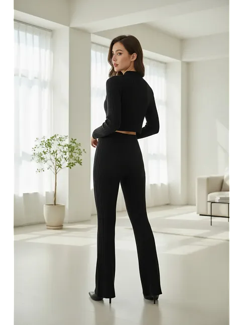 Kadın Siyah Fitilli Eşofman Takımı – Crop Uzun Kollu Üst & Paça Pantolon, Şık Günlük Set