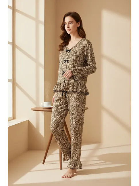 Kadın Uzun Kollu Leopar Desenli Fiyonklu Ev Giyim Pijama Takımı