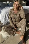 Kadın Uzun Kollu Leopar Desenli Fiyonklu Ev Giyim Pijama Takımı