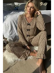 Kadın Uzun Kollu Leopar Desenli Fiyonklu Ev Giyim Pijama Takımı