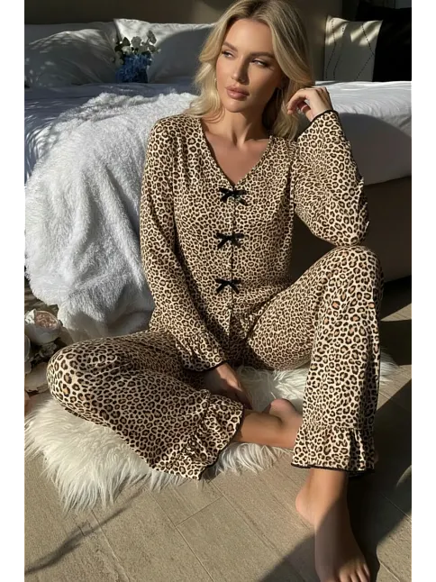 Kadın Uzun Kollu Leopar Desenli Fiyonklu Ev Giyim Pijama Takımı