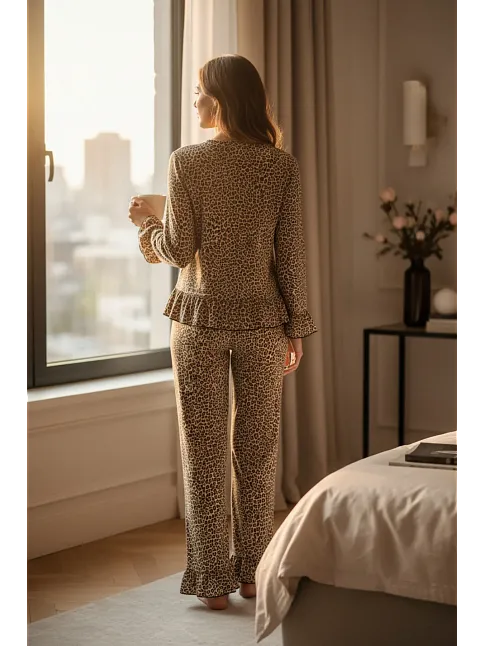 Kadın Uzun Kollu Leopar Desenli Fiyonklu Ev Giyim Pijama Takımı