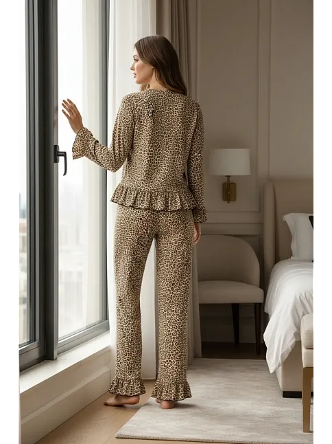 Kadın Uzun Kollu Leopar Desenli Fiyonklu Ev Giyim Pijama Takımı