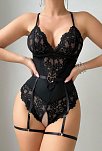 Kadın Siyah Dantel Jartiyerli Bodysuit Gecelik - Kemer Detaylı