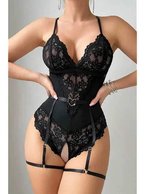 Kadın Siyah Dantel Jartiyerli Bodysuit Gecelik - Kemer Detaylı