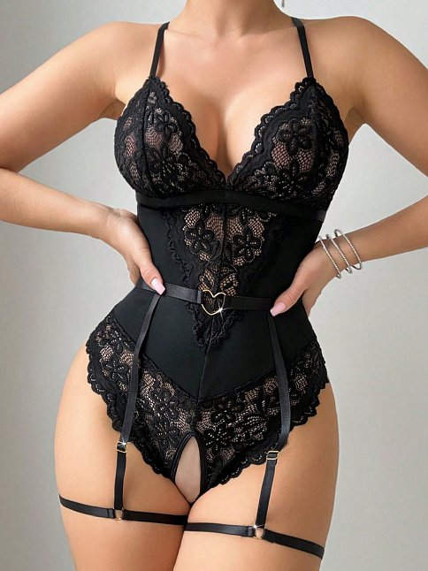 Kadın Siyah Dantel Jartiyerli Bodysuit Gecelik - Kemer Detaylı