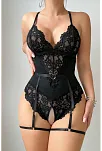 Kadın Siyah Dantel Jartiyerli Bodysuit Gecelik - Kemer Detaylı
