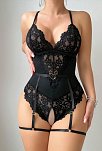 Kadın Siyah Dantel Jartiyerli Bodysuit Gecelik - Kemer Detaylı